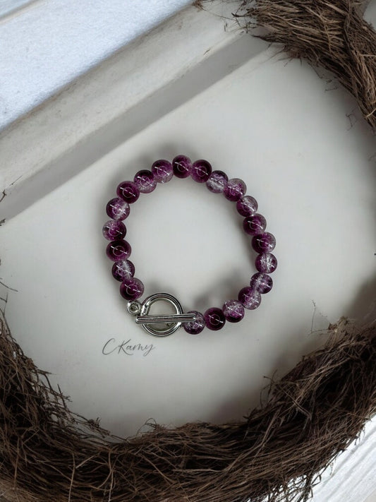 Bracelet femme perles de verre toggle prune transparent craquelé