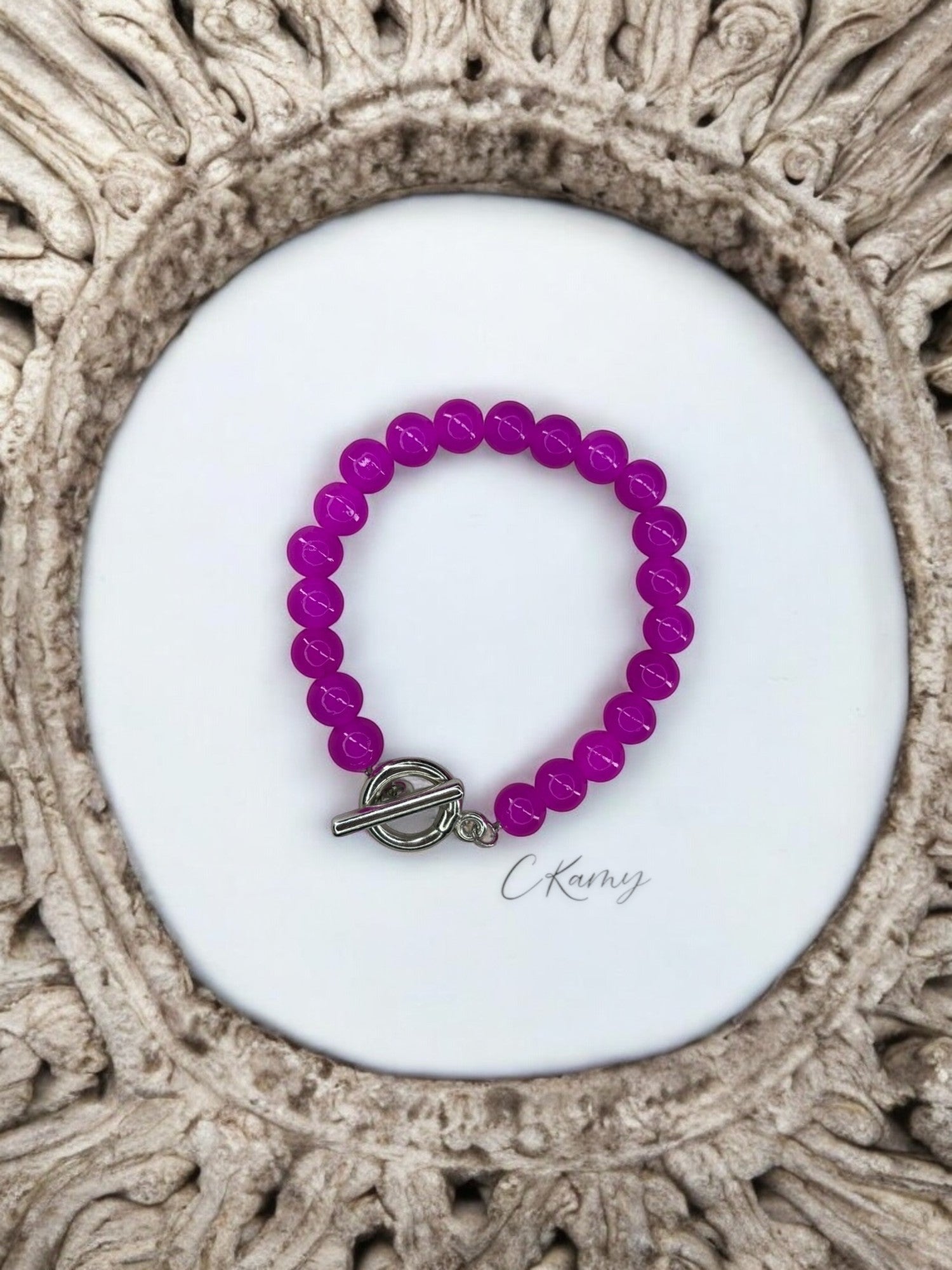 Bracelet femme perles de verre toggle rose flash
