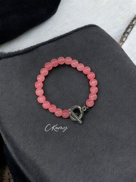 Bracelet femme perles de verre toggle rose saumon