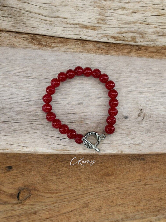 Bracelet femme perles de verre toggle rouge