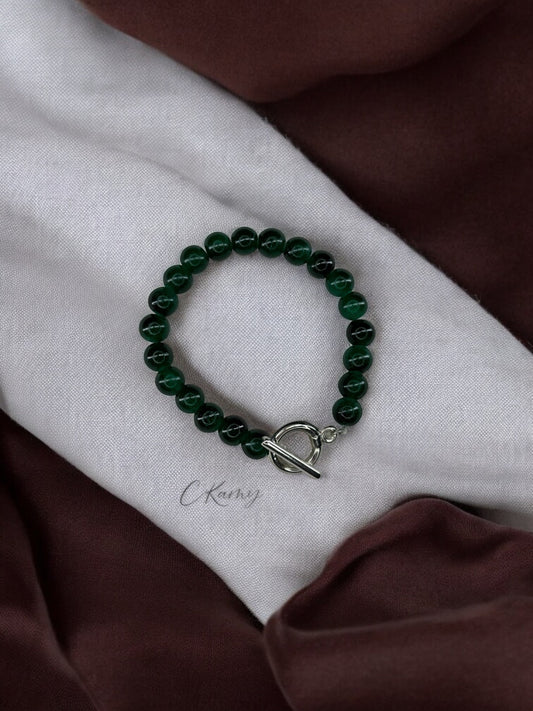 Bracelet femme perles de verre toggle vert foncé