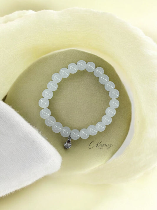 Bracelet femme perles de verres coquillage argent blanc