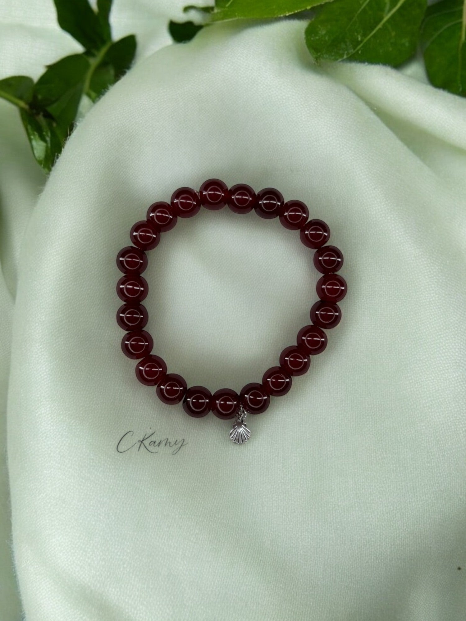 Bracelet femme perles de verres coquillage argent bordeaux