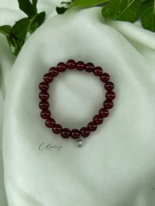 Bracelet femme perles de verres coquillage argent bordeaux