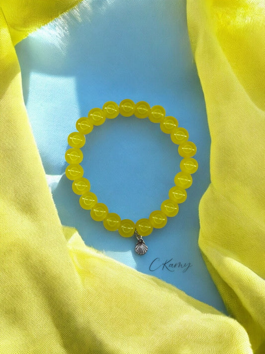 Bracelet femme perles de verres coquillage argent jaune