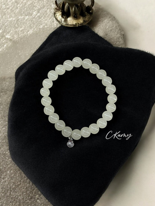 Bracelet femme perles de verres coquillage argent jaune clair