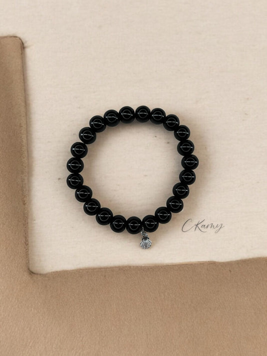 Bracelet femme perles de verres coquillage argent noir