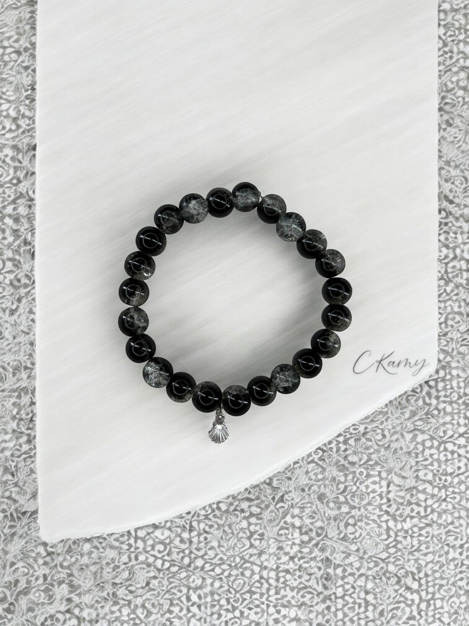 Bracelet femme perles de verres coquillage argent noir transparent craquelé