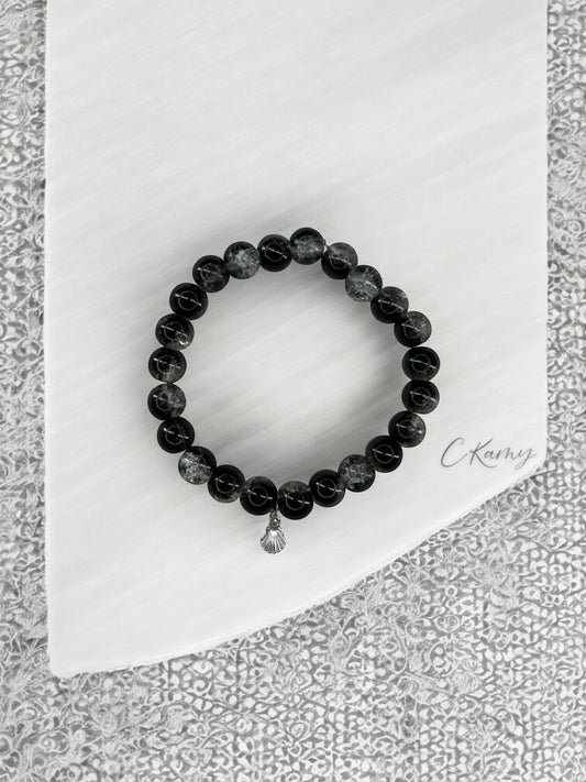 Bracelet femme perles de verres coquillage argent noir transparent craquelé