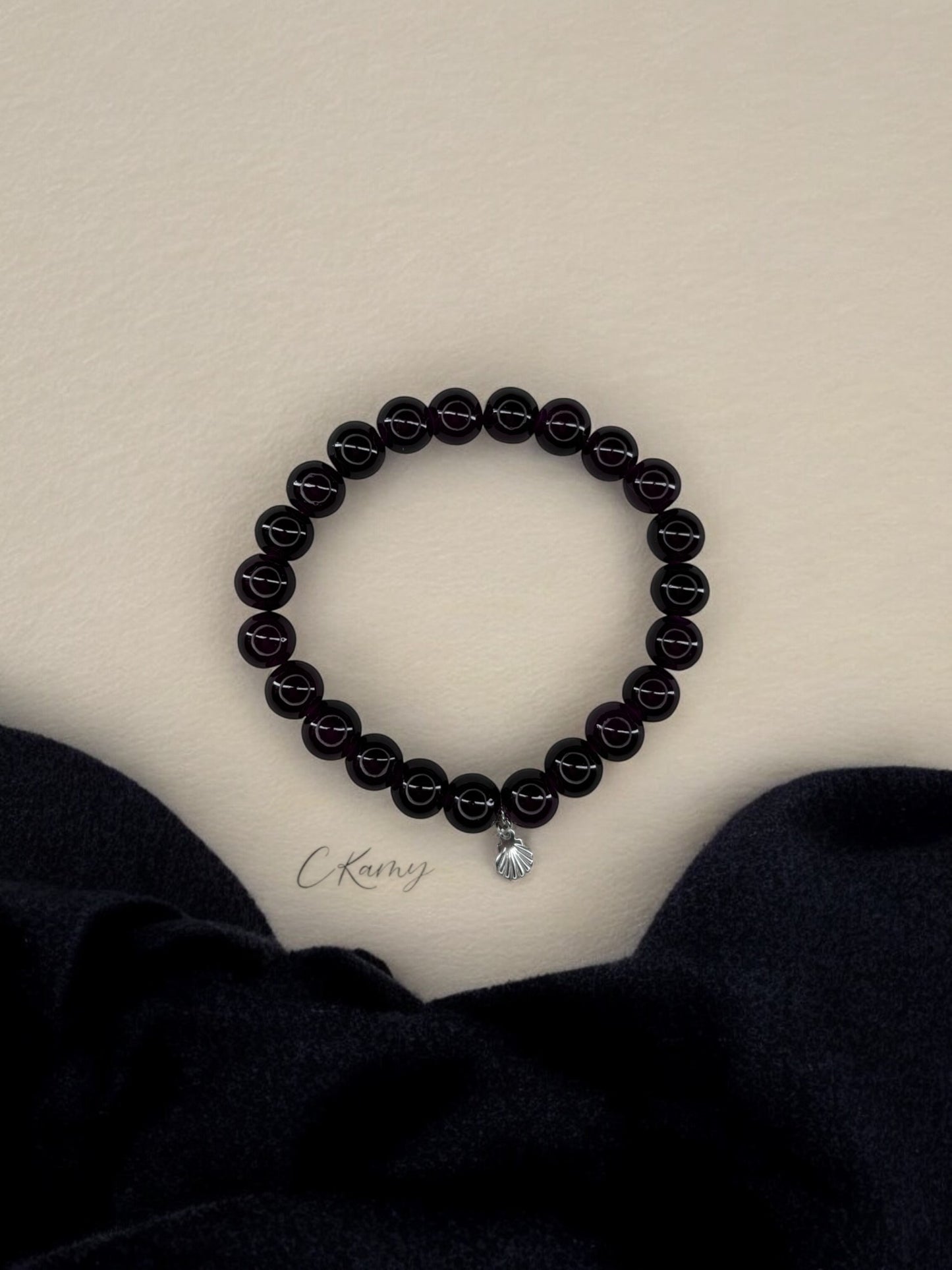 Bracelet femme perles de verres coquillage argent prune
