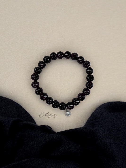 Bracelet femme perles de verres coquillage argent prune