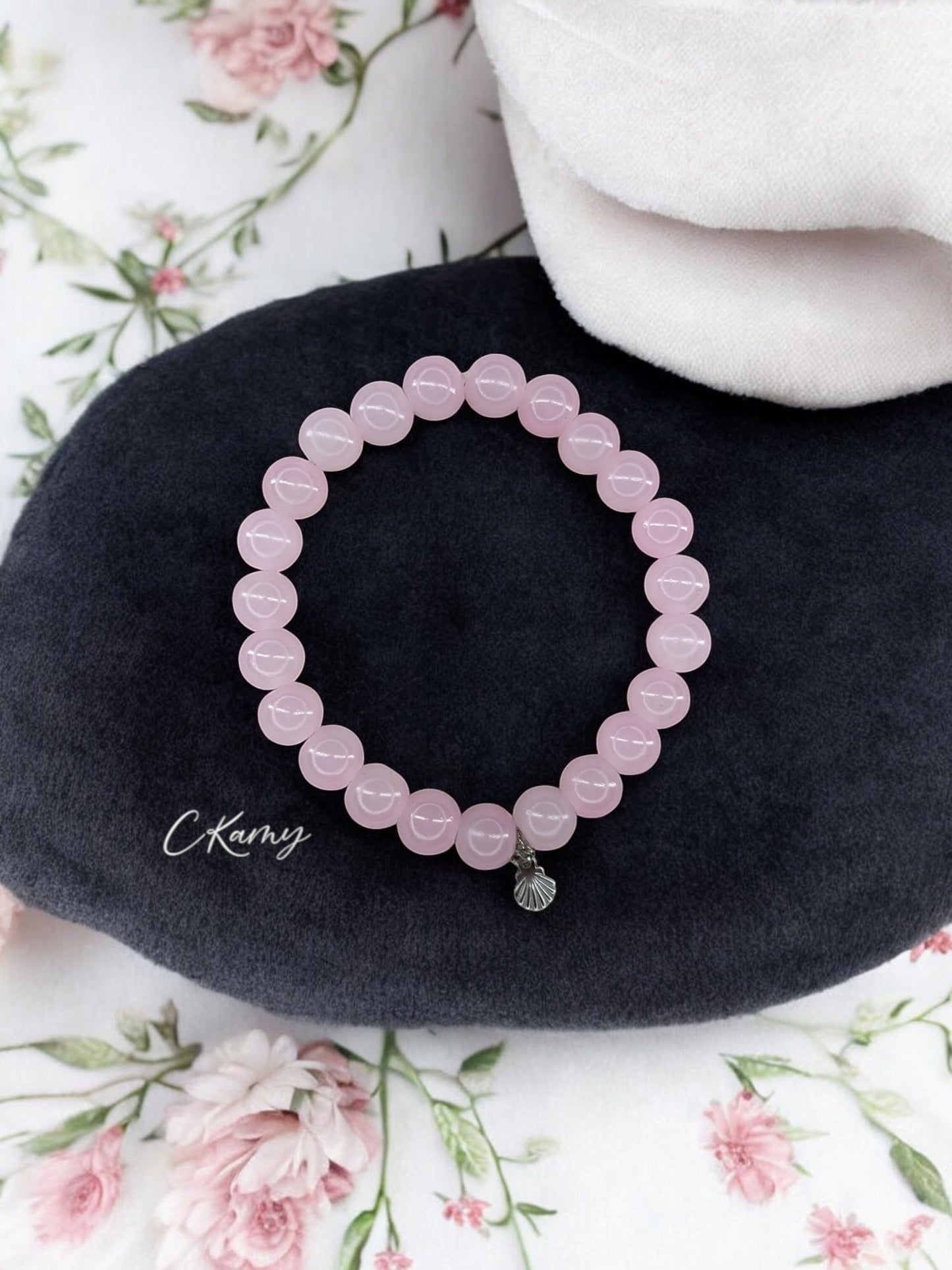 Bracelet femme perles de verres coquillage argent rose clair