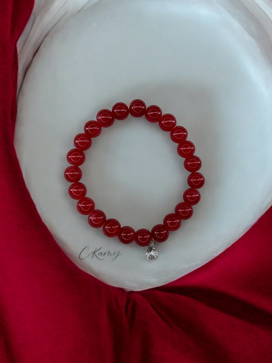 Bracelet femme perles de verres coquillage argent rouge
