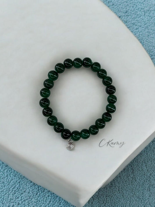 Bracelet femme perles de verres coquillage argent vert foncé