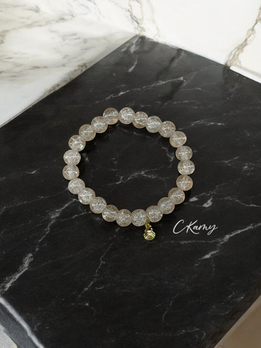 Bracelet femme perles de verres coquillage doré beige craquelé