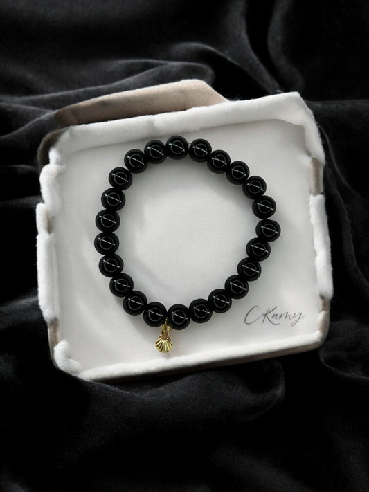 Bracelet femme perles de verres coquillage doré noir