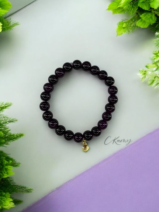 Bracelet femme perles de verres coquillage doré prune