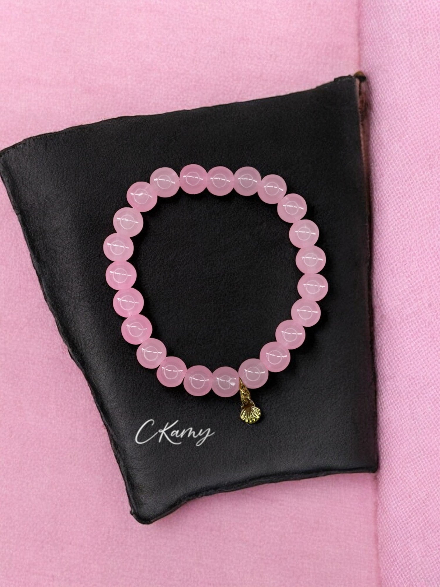 Bracelet femme perles de verres coquillage doré rose