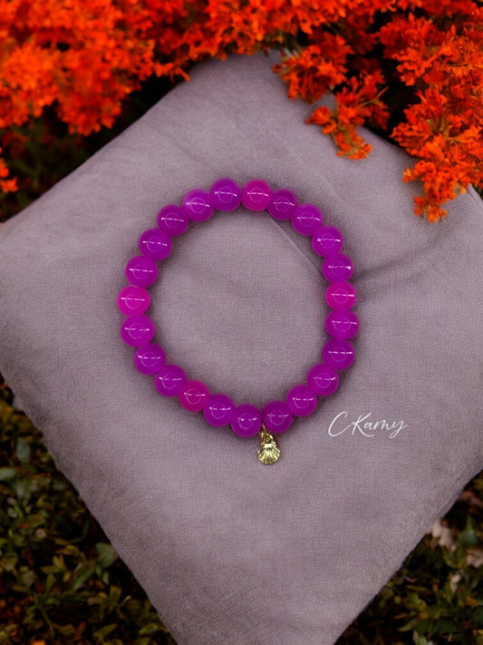 Bracelet femme perles de verres coquillage doré rose flash