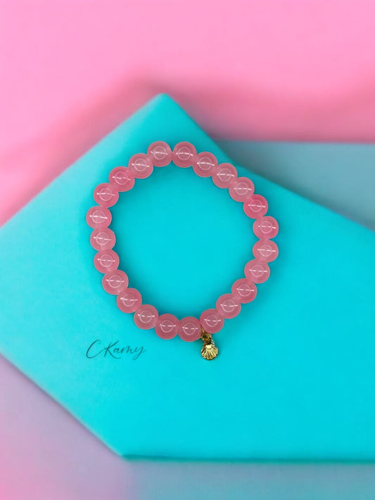 Bracelet femme perles de verres coquillage doré rose saumon