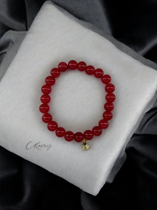 Bracelet femme perles de verres coquillage doré rouge