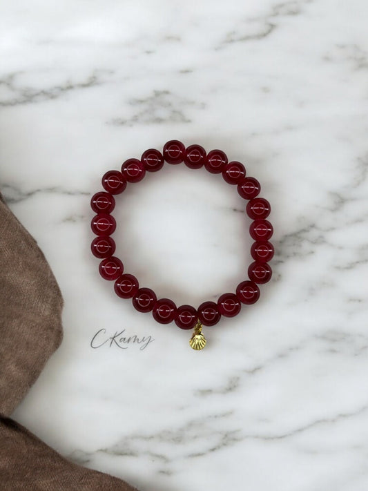 Bracelet femme perles de verres coquillage doré rouge foncé