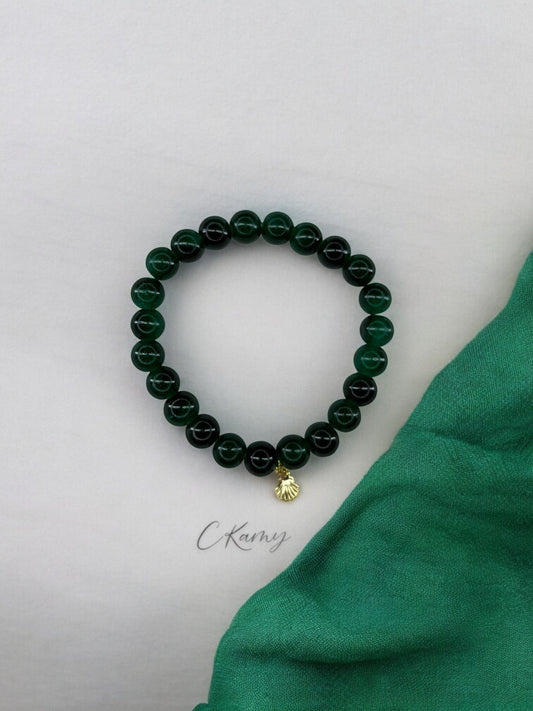 Bracelet femme perles de verres coquillage doré vert foncé