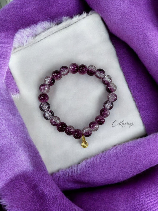 Bracelet femme perles de verres coquillage doré violet transparent craquelé