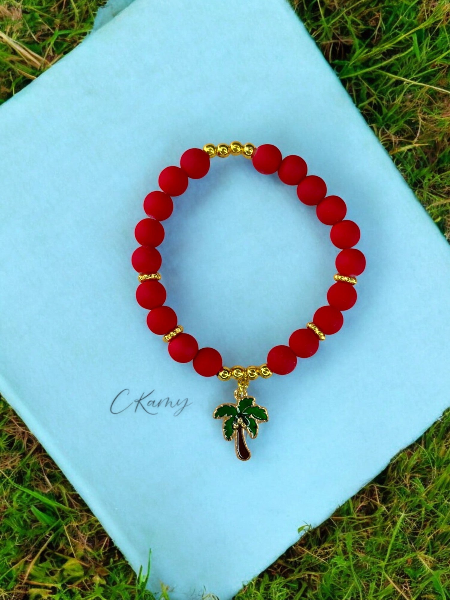 Bracelet femme perles mattes palmier rouge