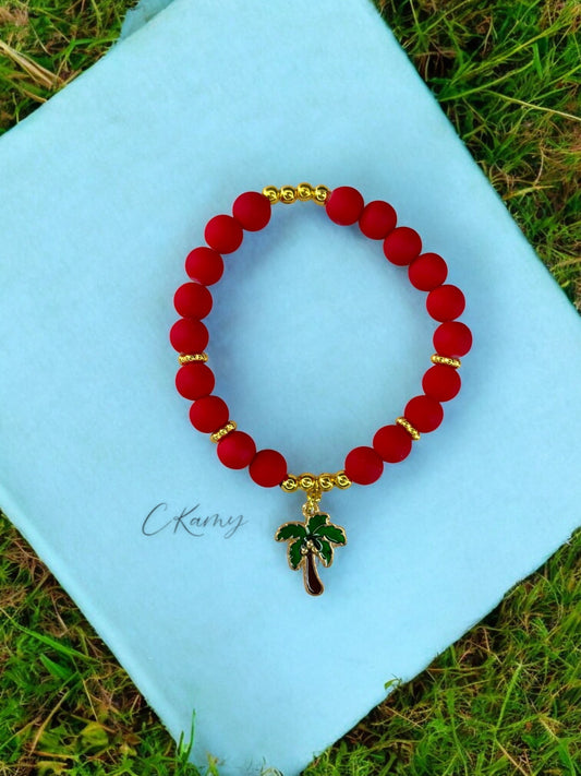 Bracelet femme perles mattes palmier rouge