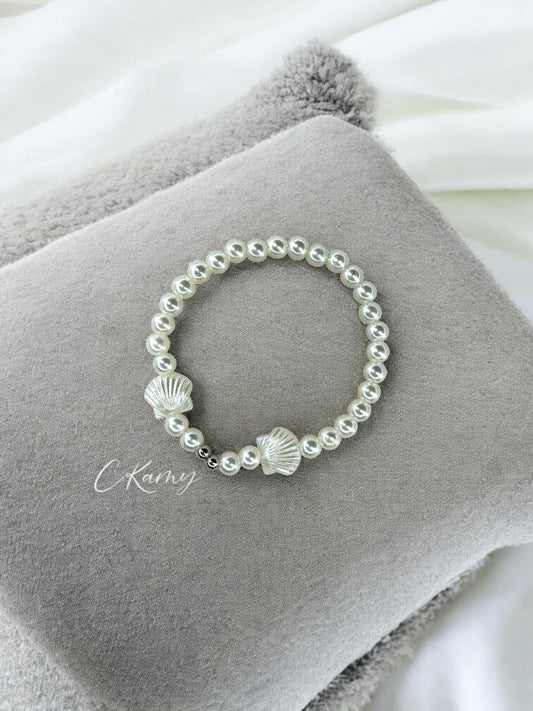 Bracelet femme perles nacrées blanc argent coquillages