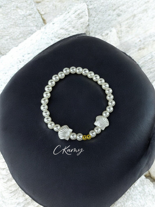 Bracelet femme perles nacrées blanc doré coquillages