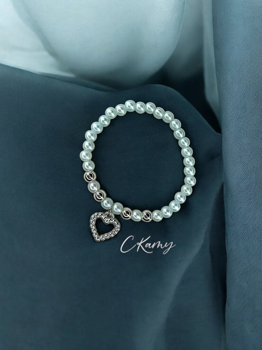 Bracelet femme perles nacrées bleu coeur perlé