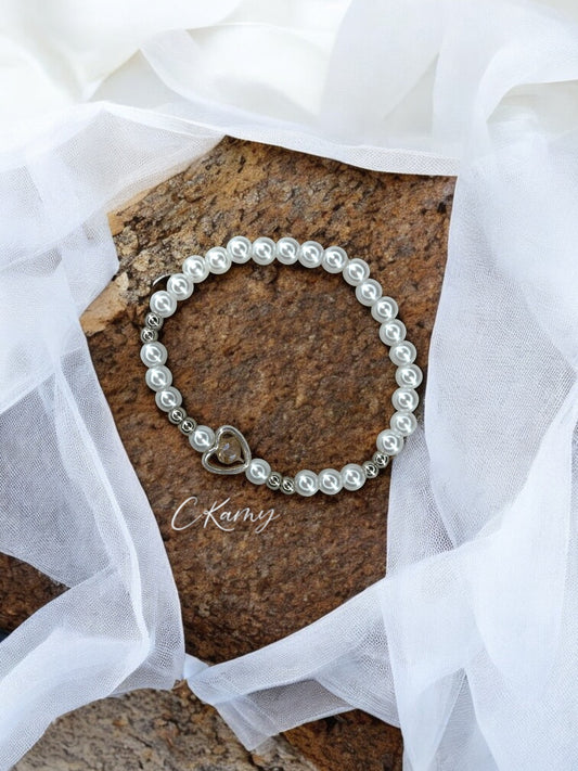 Bracelet femme perles nacrées coeur facette chair