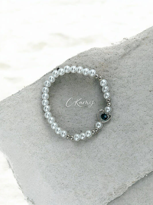 Bracelet femme perles nacrées coeur facette vert canard