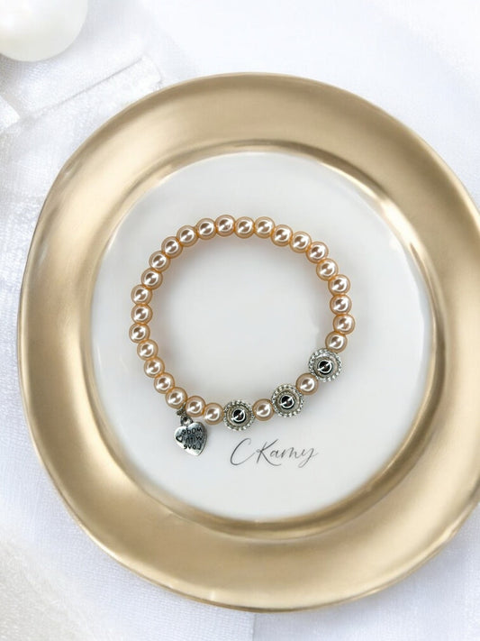 Bracelet femme perles nacrées couronne argent rose saumon