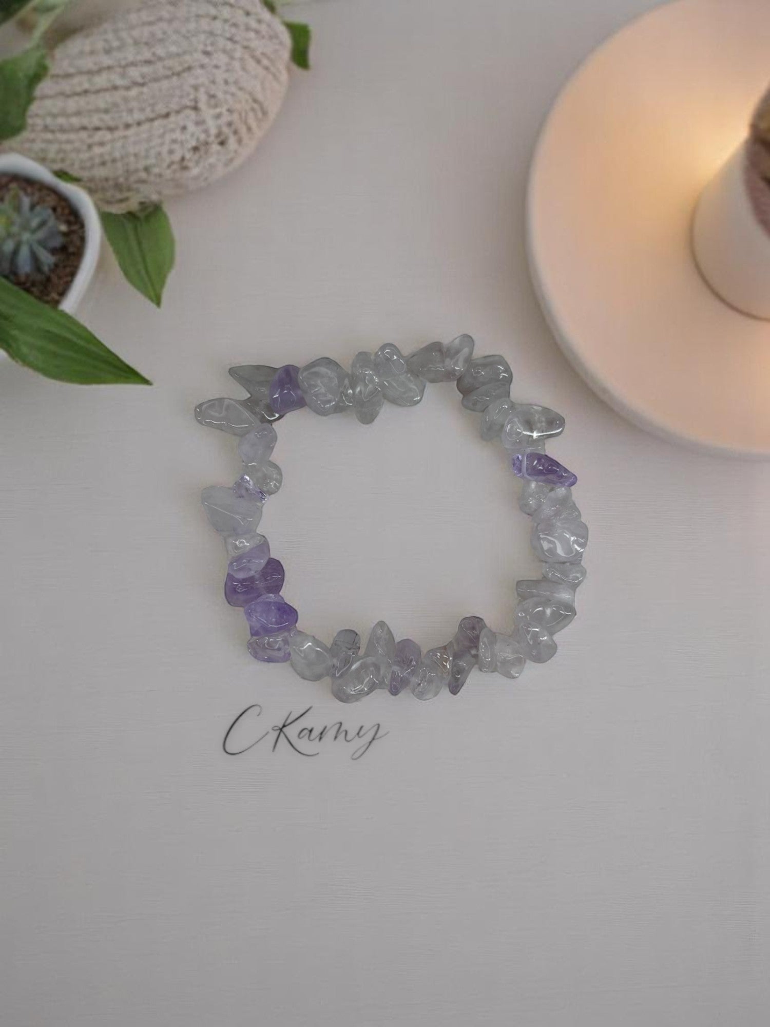 Bracelet femme perles pierres transparent violet