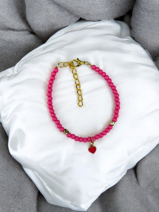 Bracelet femme perles rondes petit coeur rose