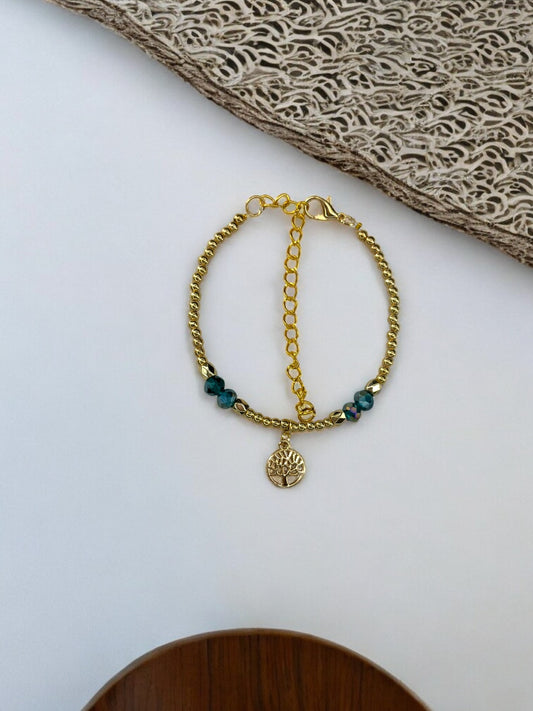 Bracelet femme petit arbre de vie doré bleu canard