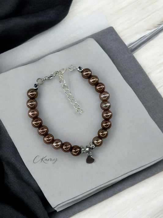 Bracelet femme petit coeur argent marron brillant
