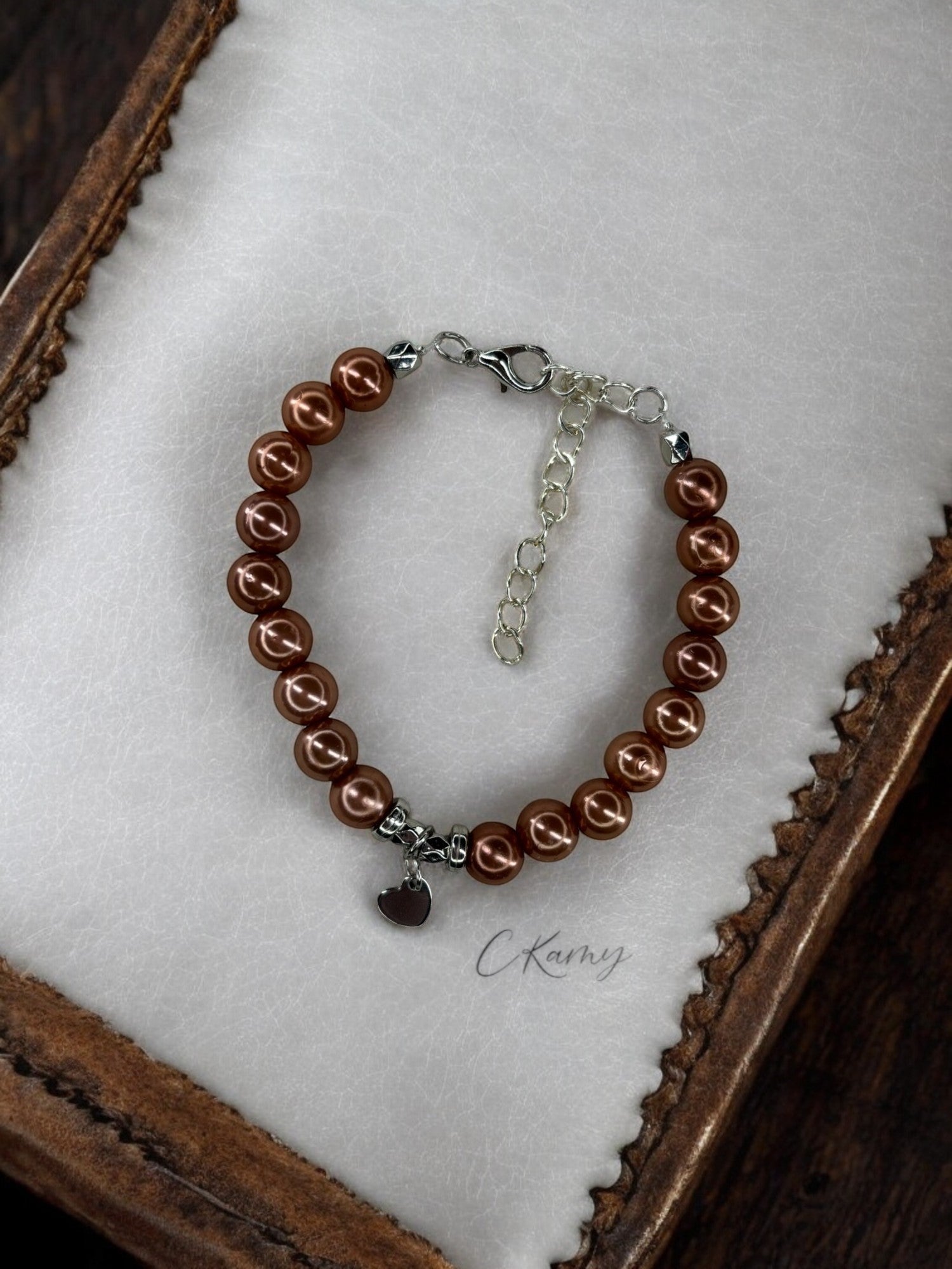 Bracelet femme petit coeur argent marron clair brillant