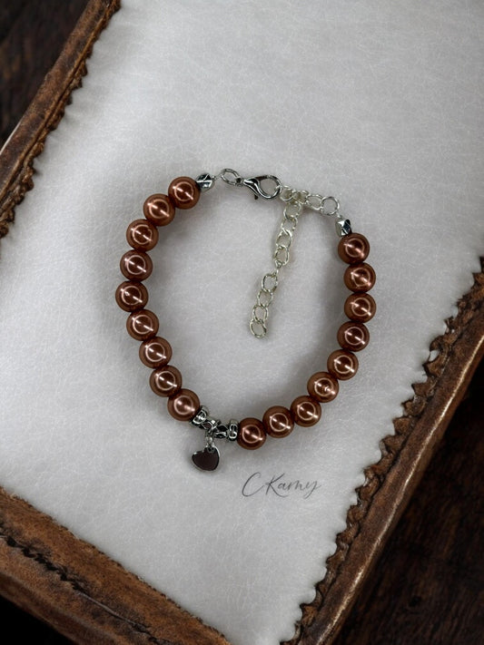 Bracelet femme petit coeur argent marron clair brillant