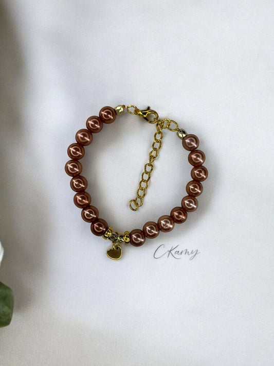 Bracelet femme petit coeur doré marron clair brillant