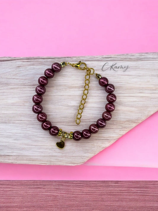 Bracelet femme petit coeur doré prune brillant
