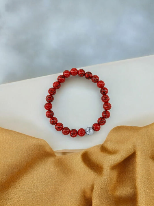 Bracelet homme bicolore rouge à traits perle blanc à traits