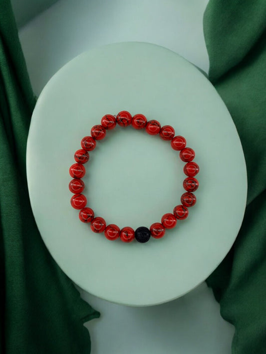 Bracelet homme bicolore rouge à traits perle noir volcanique