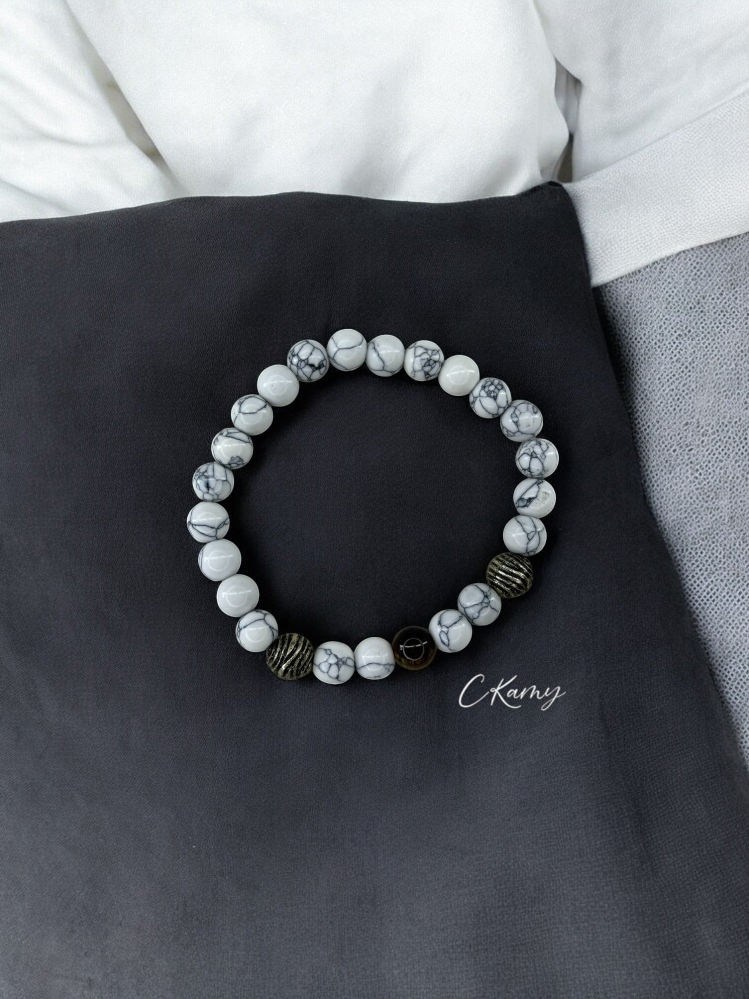 Bracelet homme boule spirale blanc à traits