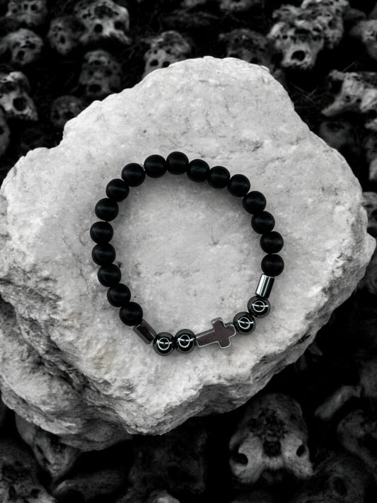 Bracelet homme croix noir brillant perles noir noir brillant
