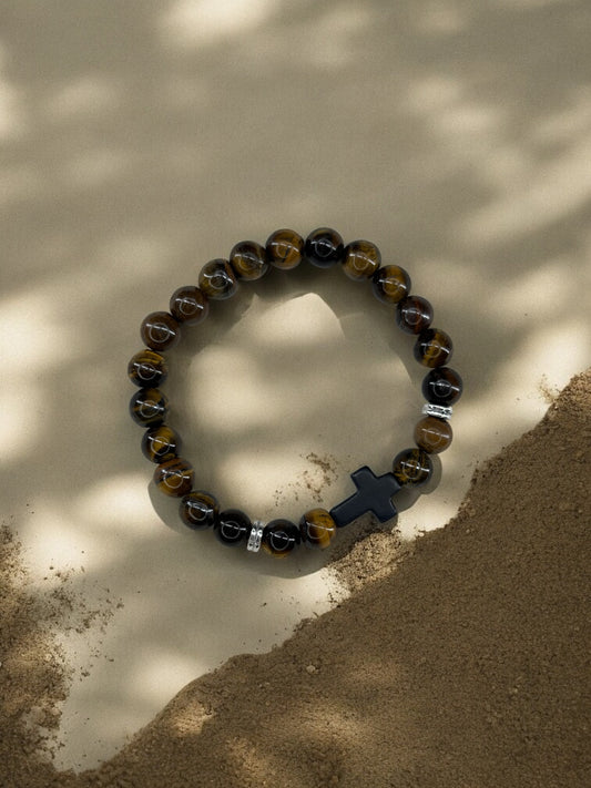 Bracelet homme croix noir perles marron
