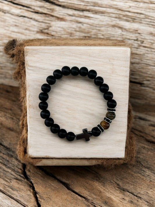 Bracelet homme croix noir perles noir marron